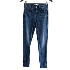Zara High Rise Waist Skinny Leg Fit Zipper Hem Stretch Denim Jeans Pants Blue